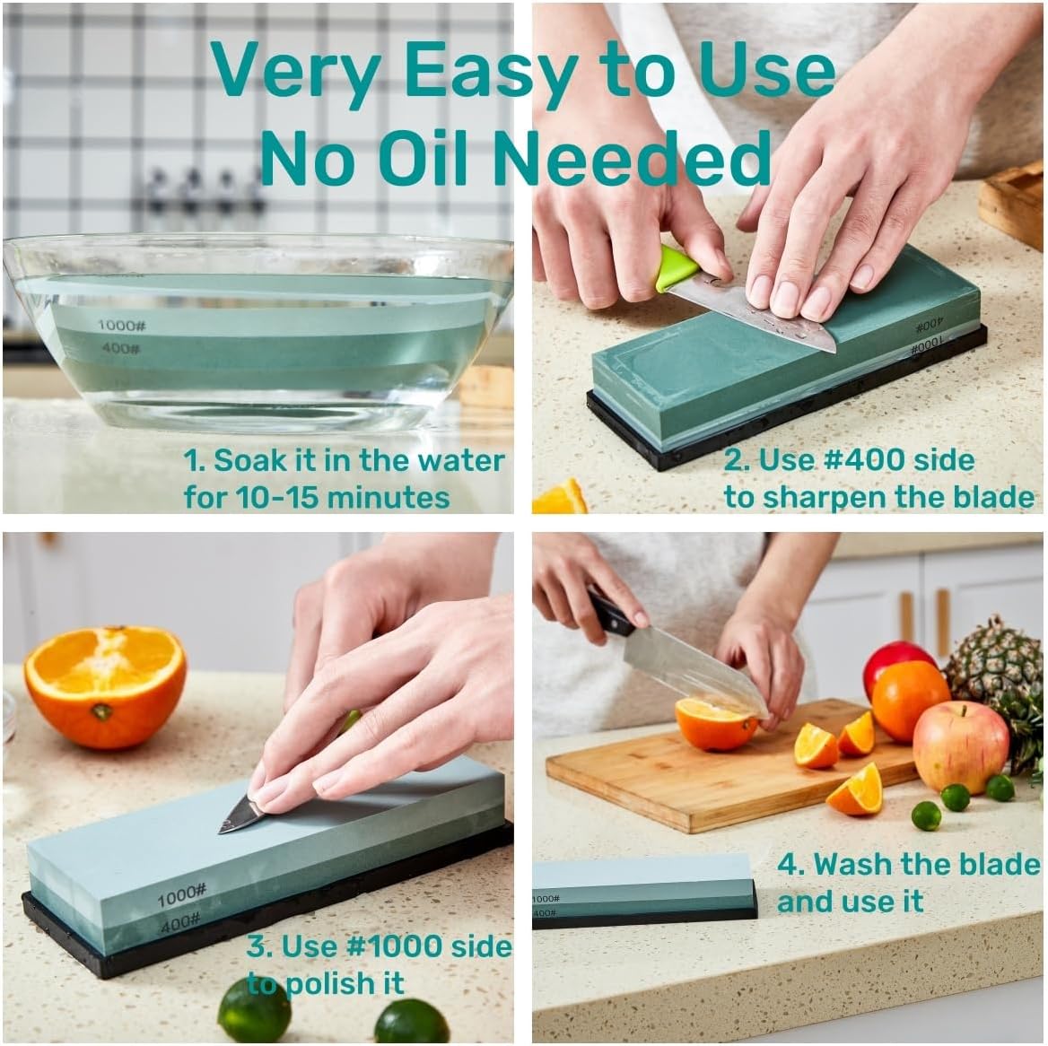 Knife Sharpening Stone with Non-Slip Rubber Base, 400/1000 Grit Premium Whetstone, Double-Sided Knife Sharpener for Kitchen, Waterstone for Honing Blades Manually