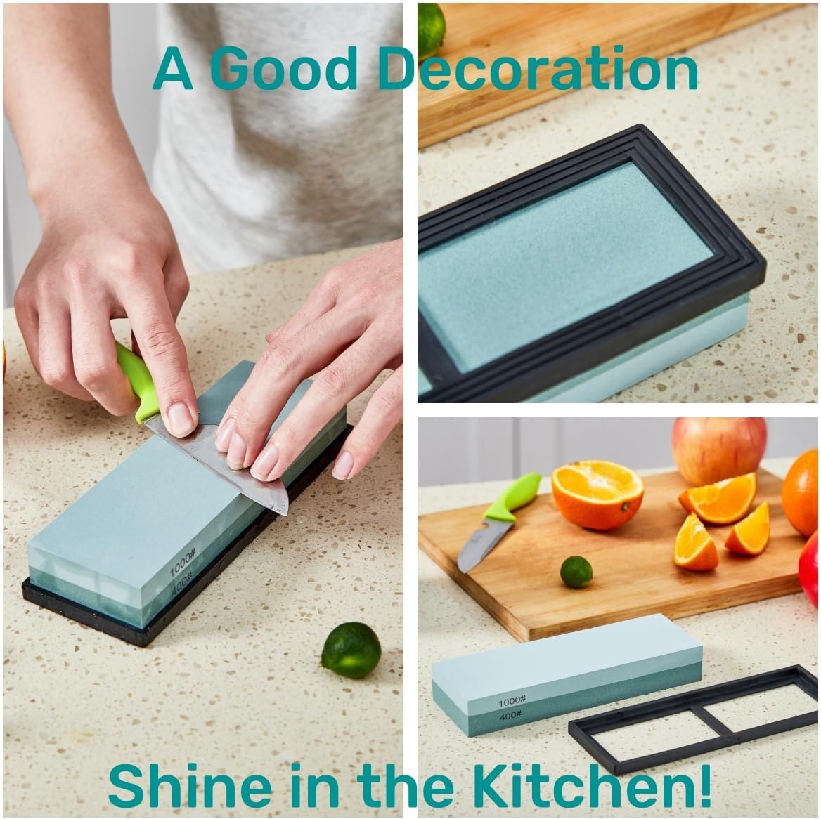 Knife Sharpening Stone with Non-Slip Rubber Base, 400/1000 Grit Premium Whetstone, Double-Sided Knife Sharpener for Kitchen, Waterstone for Honing Blades Manually