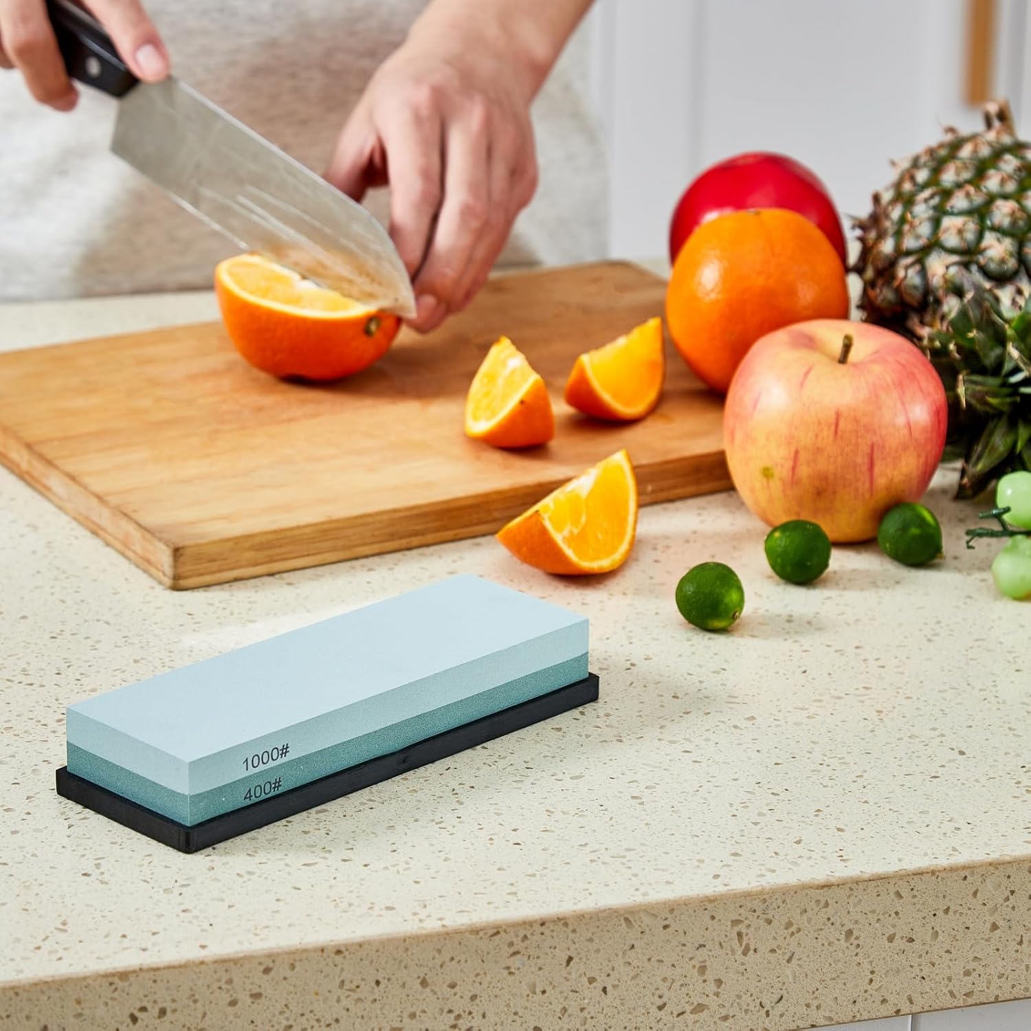 Knife Sharpening Stone with Non-Slip Rubber Base, 400/1000 Grit Premium Whetstone, Double-Sided Knife Sharpener for Kitchen, Waterstone for Honing Blades Manually