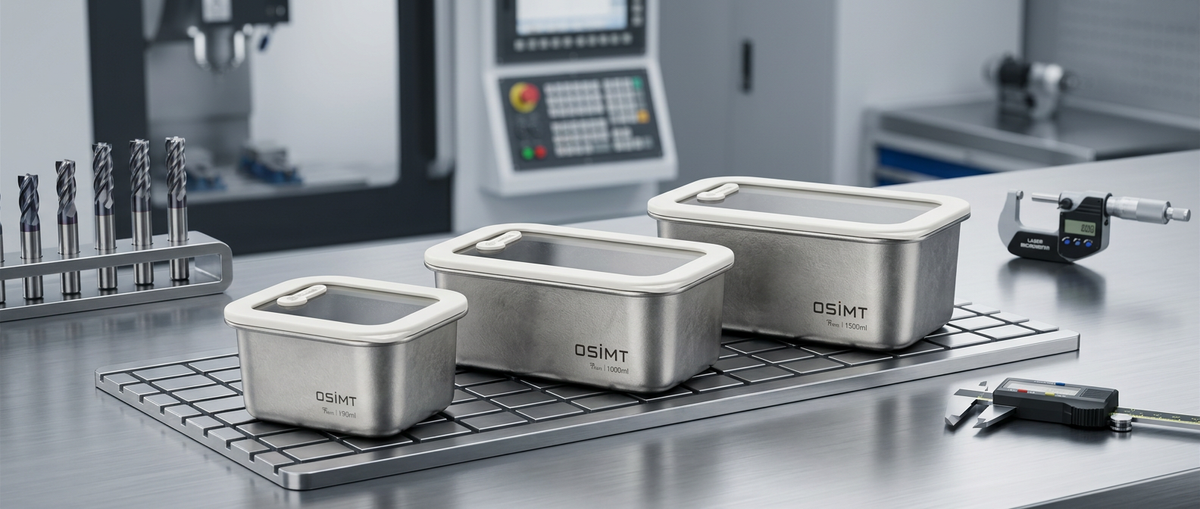OSIMT titanium storage container on a workshop bench. Metal. Nothing Else.